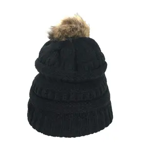 Fashion Culture Women's Chunky Knit Pom Pom Fleece-Lined Beanie Hat - Warm Cold Weather Outdoor Headwear for Outfit Inspo Women, Black, Warm Headwear