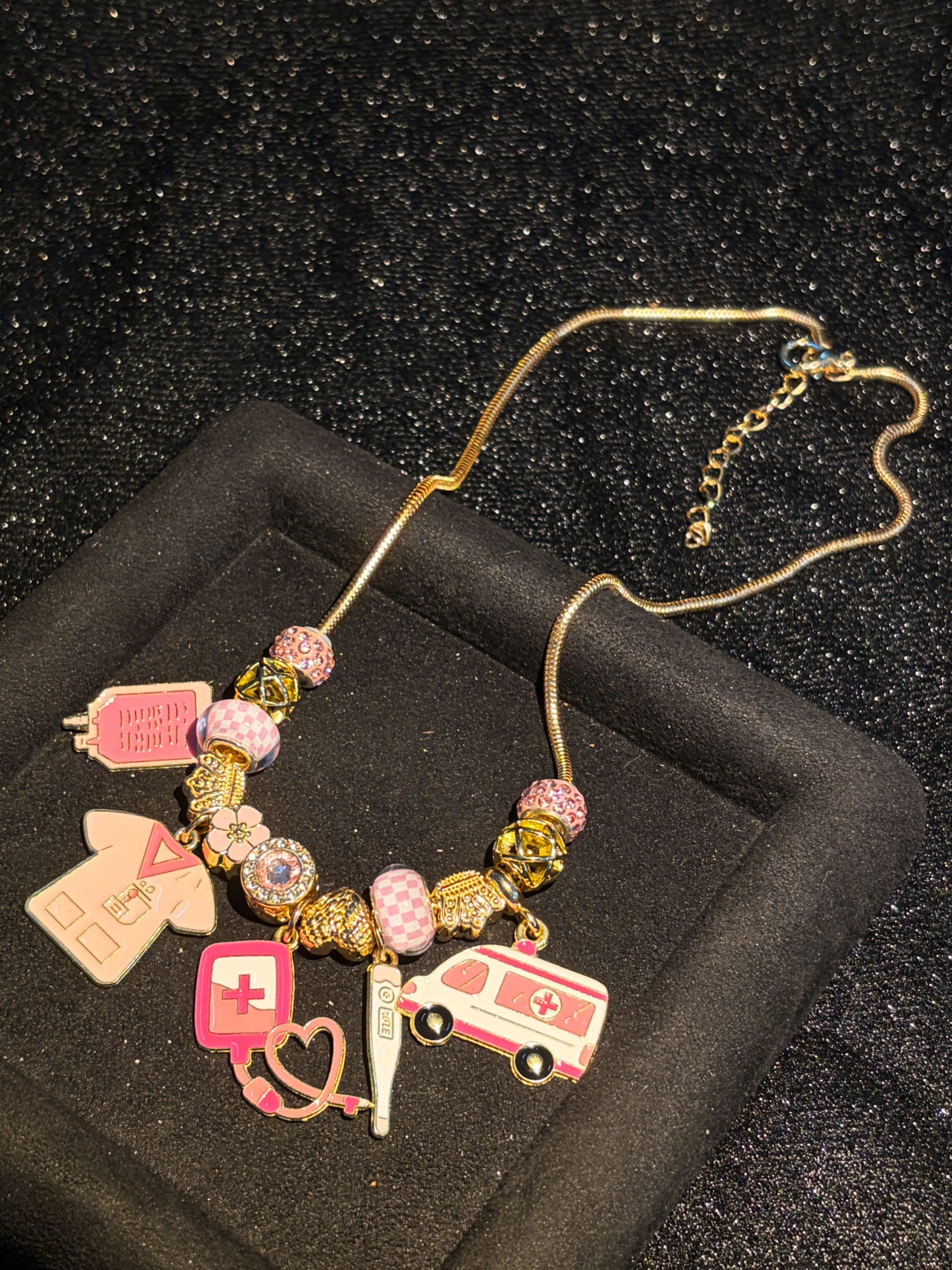 Pink Enamel Charm Necklace for Women, Fun Cartoon Style Pendant Necklace with Multi Charms, Gold-tone Adjustable Snake Chain Beaded Statement Jewelry, Sweet Gift for Daily Wear