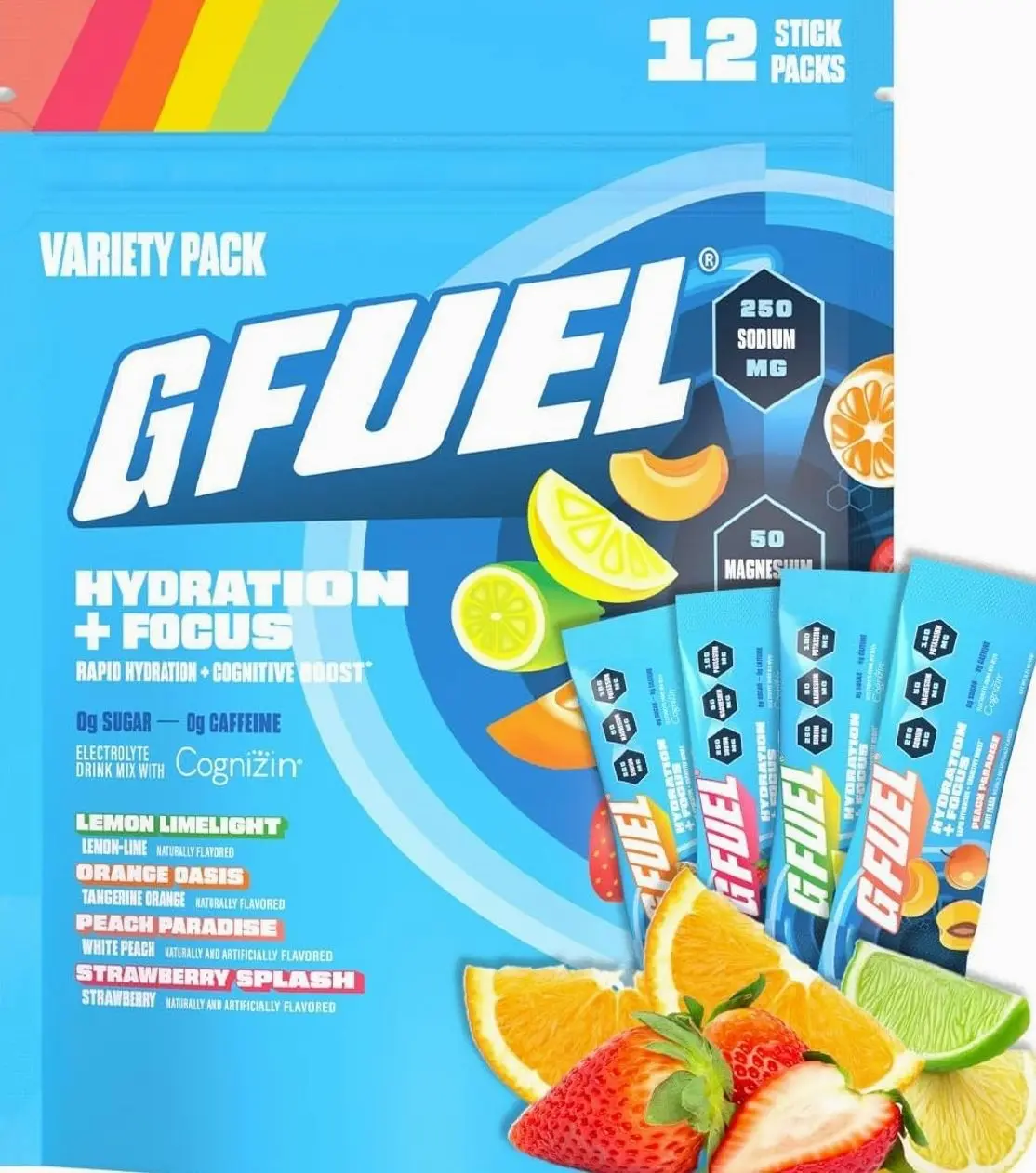 G Fuel Electrolytes Powder for Instant Hydration and Focus | Sugar Free Electrolytes Variety Pack of Lemon, Orange, Peach, Strawberry, Nootropic Drink Mixes to Sharpen Mental Focus, 12 Servings