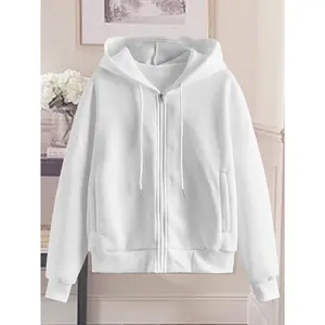 Chic Women’s White Zip-Up Hoodie — Casual Polyester Sweatshirt with Geometric Pattern, Machine Washable & Dry Cleanable, Ideal for Spring/Summer/Fall, Sweater Hoodie Top, Long Sleeve, Fabric Knit, Women’s Fitted Style
