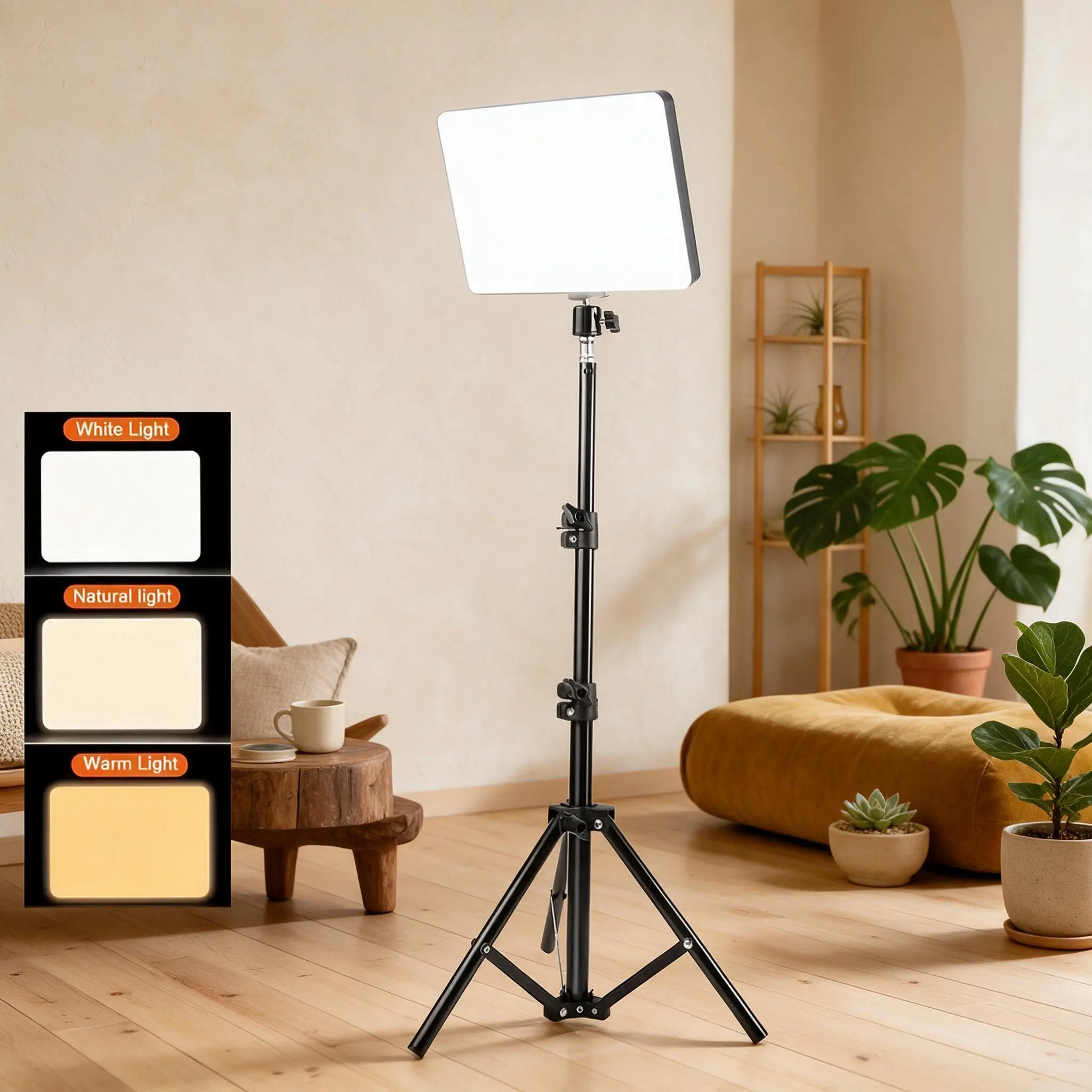 Square LED Studio Video Light Set, 10" Bi‑Color Dimmable Panel Light, USB Powered, Height Adjustable Tripod with Phone Holder for Desktop Game Streaming, Webcam Lighting and Online Stream Sessions