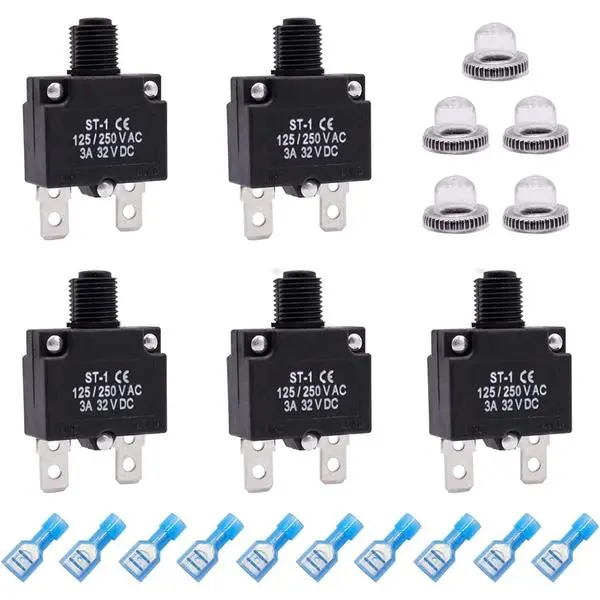 mxuteuk 5Pcs 3Amp Circuit Breakers Push Button Manual Reset 125/250V AC 32V DC,Overload Protector Switch Thermal Circuit Breakers with Quick Connect Terminals and Waterproof Button Caps ST1-5-3A