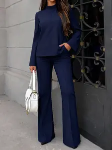 Winter/Season Women's Elegant Dark Blue Two-Piece Dress Set, with a stand-up collar long-sleeved top paired with straight pleated pants. A daily casual and elegant women's outfit.
