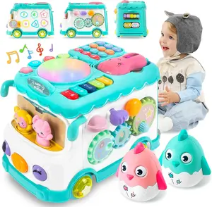1st Birthday Party Gifts for 1 Year Old Boys Girls, 10-in-1 Montessori Musical Bus Toddler Toys, Educational Learning Party Favors for Baby 6-18 Months, Blue