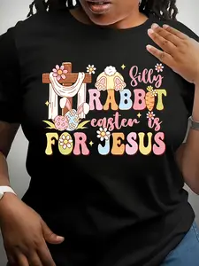 [Letter Print Plus-size] Plus Size Easter Bunny Print T-shirt |   Casual Round-neck Pullover