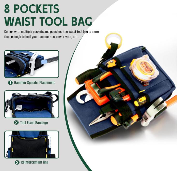 Waist Tool Bag, Construction Tool Belt with Adjustable Strap, Woodworking and Electrician Work Tools Pouch, Small Tool Organizer, Portable Canvas Tool Bag