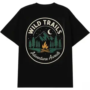 Men's Wild Trails Graphic T-Shirt Oversized Cotton Tee Adventure Awaits Mountain Campfire Print Streetwear Soft Fabric Classic Menswear Gift Casual Crewneck