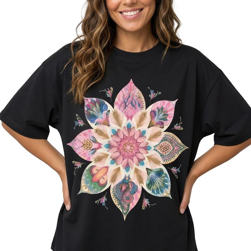 Boho Floral Mandala 100% Cotton Women's Graphic Tee Pastel Lotus Print T-Shirt