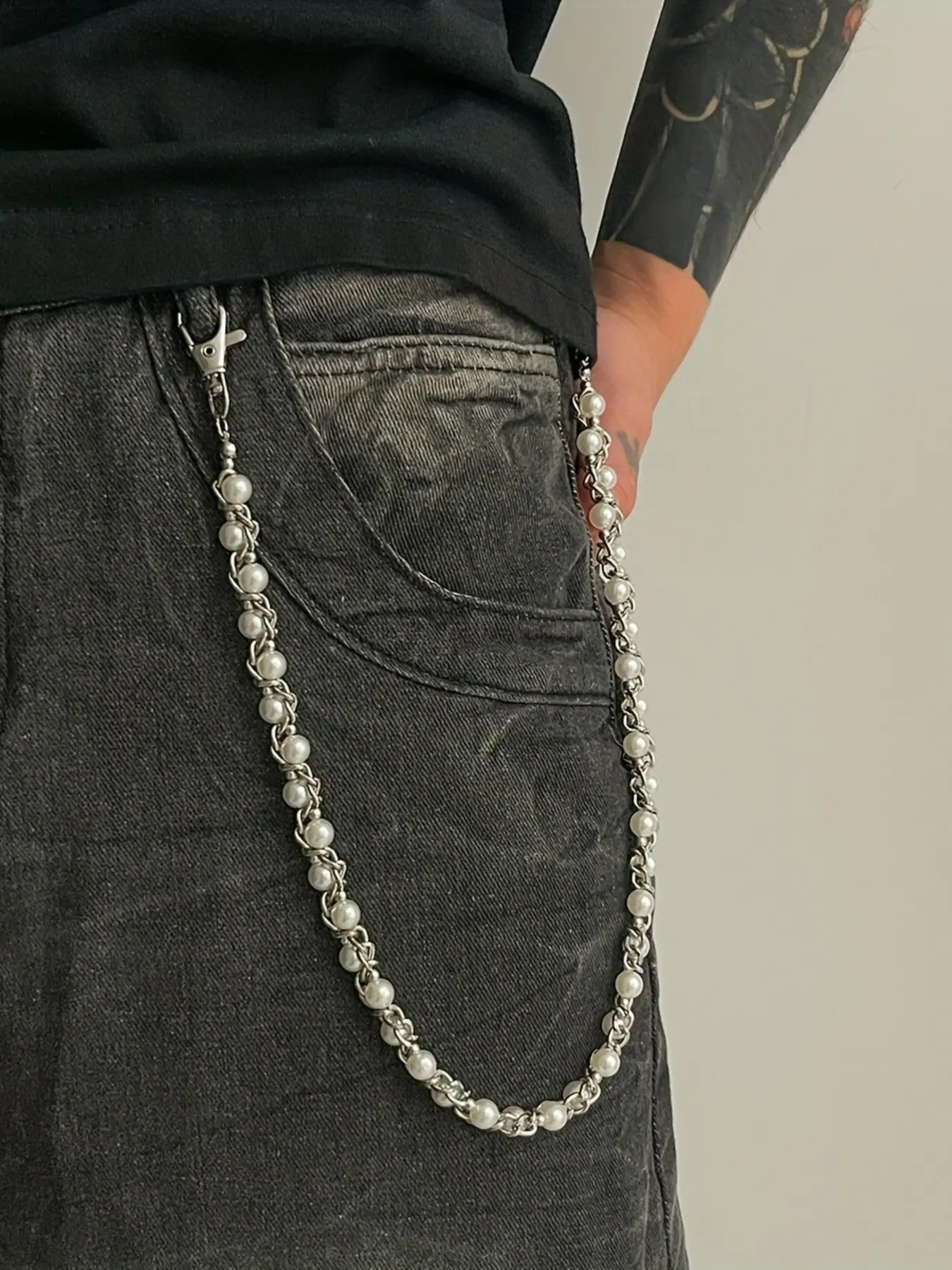 Fashion Metal Chain Belt with Faux Pearl Decoration, Street Style Denim Accessory, Essential Hip-Hop Fashion Piece for All Seasons, Fashion Belts