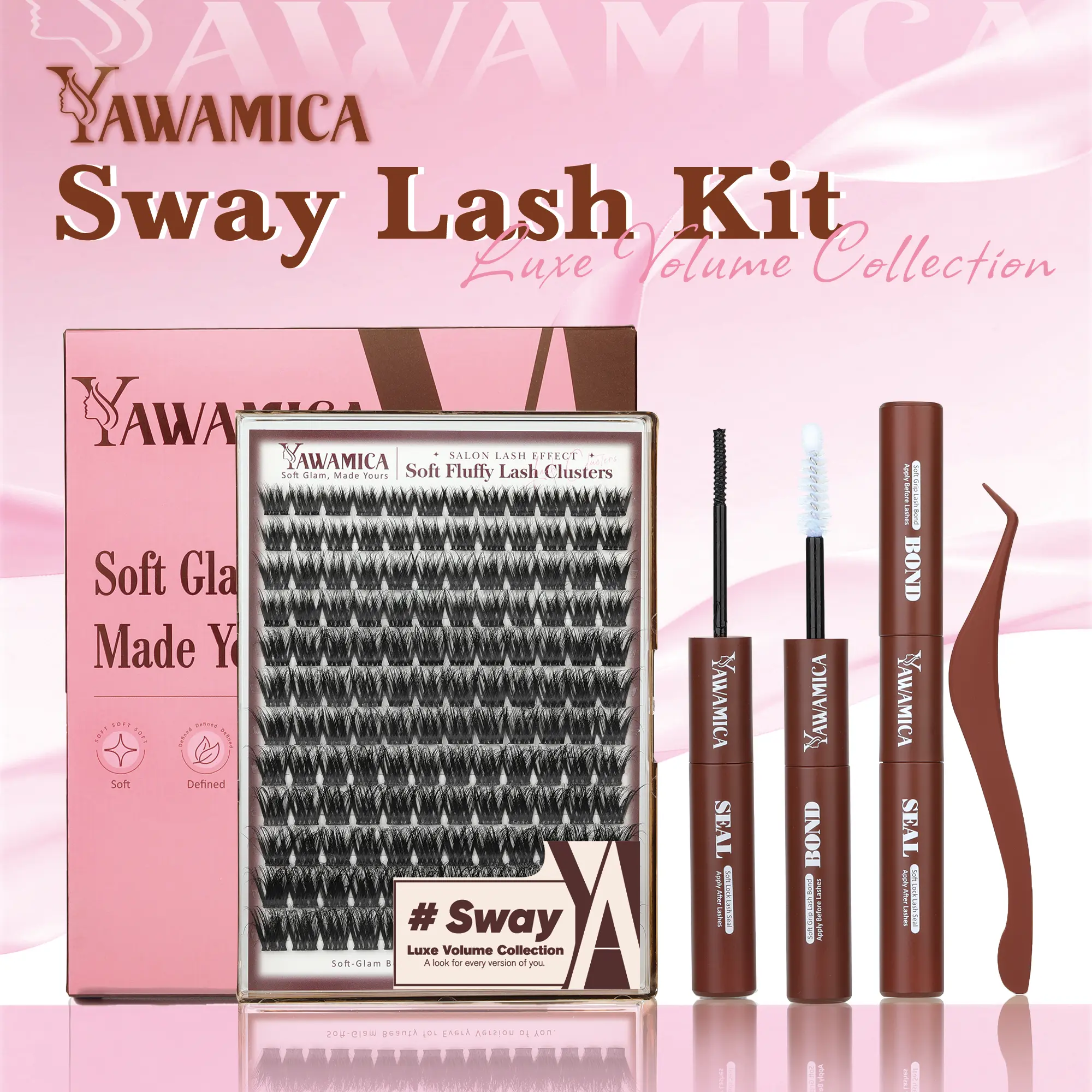 Yawamica Sway Lash Clusters Kit, Fluffy Wispy Lash Clusters 10-18mm Criss-Cross Layered Eyelash Clusters with Lash Bond & Seal and Precision Tweezers, DIY Eyelash Extension Kit for Custom Lash Look