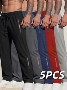Men's Casual Sport Pants Set of 5, Waist Drawstring, Zipper Pockets, Breathable All-Season Comfort, Loose-Fitting Leisure Wear