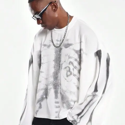 Men's Long Sleeve Loose Oversized Cropped T-Shirt, Soft Waffle Texture, Street Style, Streetwear, Y2K Cool Fashion Top, Casual Daily Wear