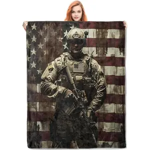 Patriotic Soldier Flannel Blanket, Army Gifts, Military Blanket for Veteran Adults, Soft Lightweight American Flag Throw Blankets for Bed Home Decor 60" x 80"