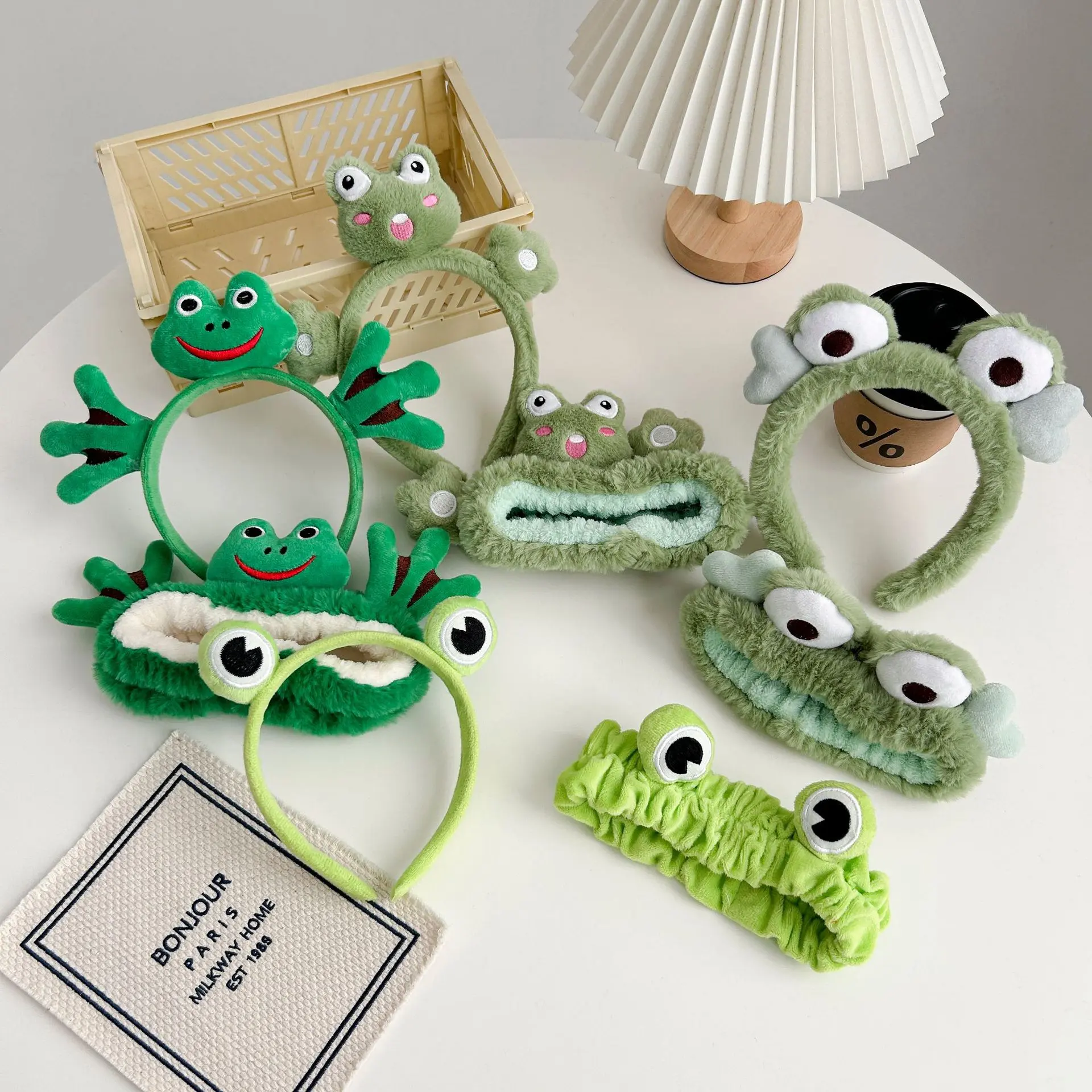 Whimsical Frog Headwear Set for Girls, Plush Fluffy Fabric Headband and Wristbands with Playful Eyes for Skincare & Makeup, Girl, Set Includes