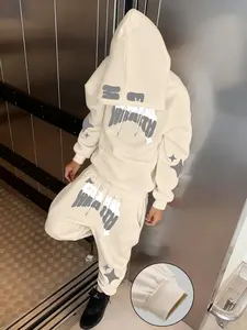 Men's Dark Graffiti Print Hoodie Set, Fitted Drawstring Long Sleeve Hooded Sweatshirt & Jogger Pants, Comfortable Street Style, Fall&winter Fashion