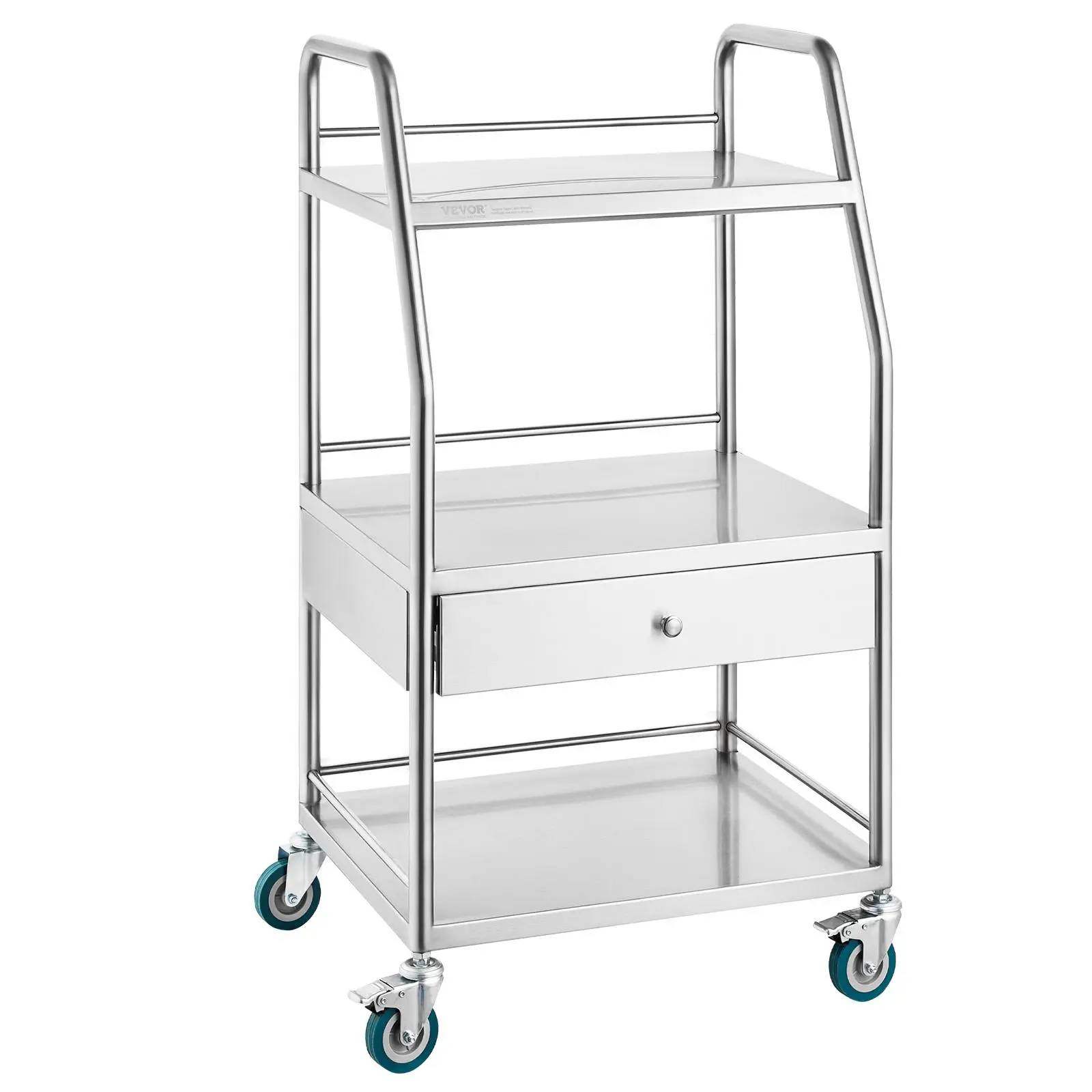 【Summerfinds】VEVOR Lab Serving Cart, 3 Layers Stainless Steel Utility Rolling Cart, Medical Cart with A Drawer, Dental Utility Cart with Lockable Wheels, for Laboratory, Hospital, Dental Use