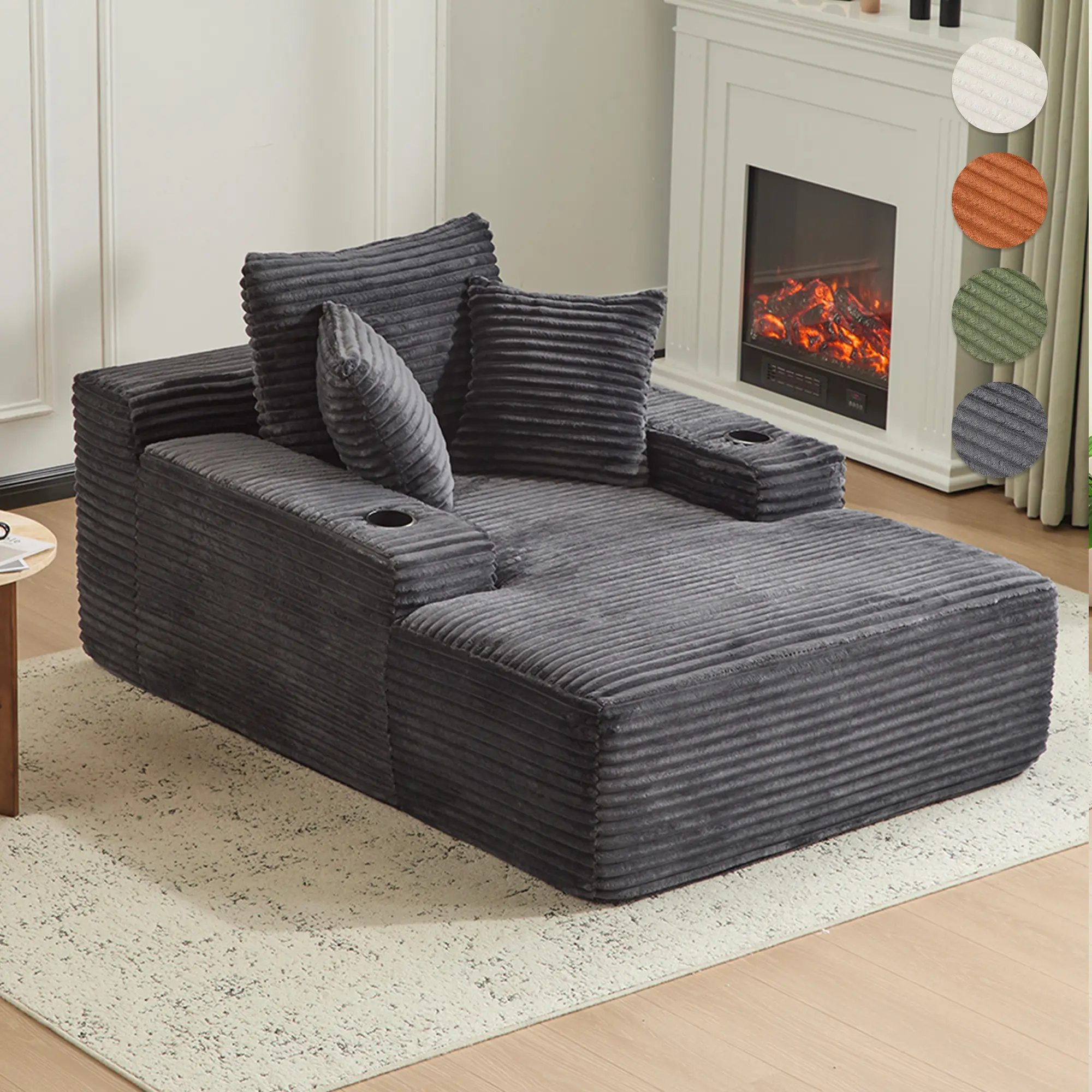 Boneless reclining chair with cushion and armrests and cup holder, soft upholstered sofa bed, indoor sleeping chair, luxurious soft corduroy sofa bed, suitable for living room, no assembly required.