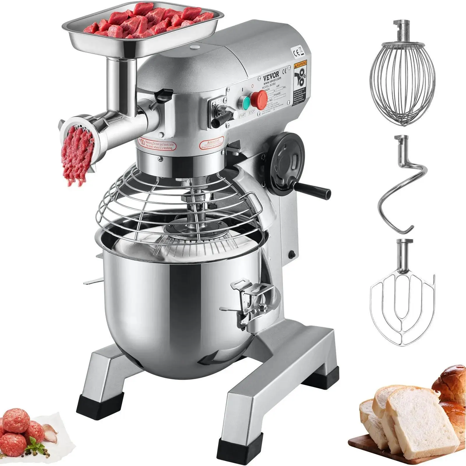 【Summerfinds】VEVOR Commercial Stand Mixer,  20Qt Stainless Steel Bowl, 1100W 2 in 1 Multifunctional Electric Food Mixer with Meat Grinder & 3 Speeds, Dough Hook Whisk Beater Included, Perfect for Bakery Pizzeria