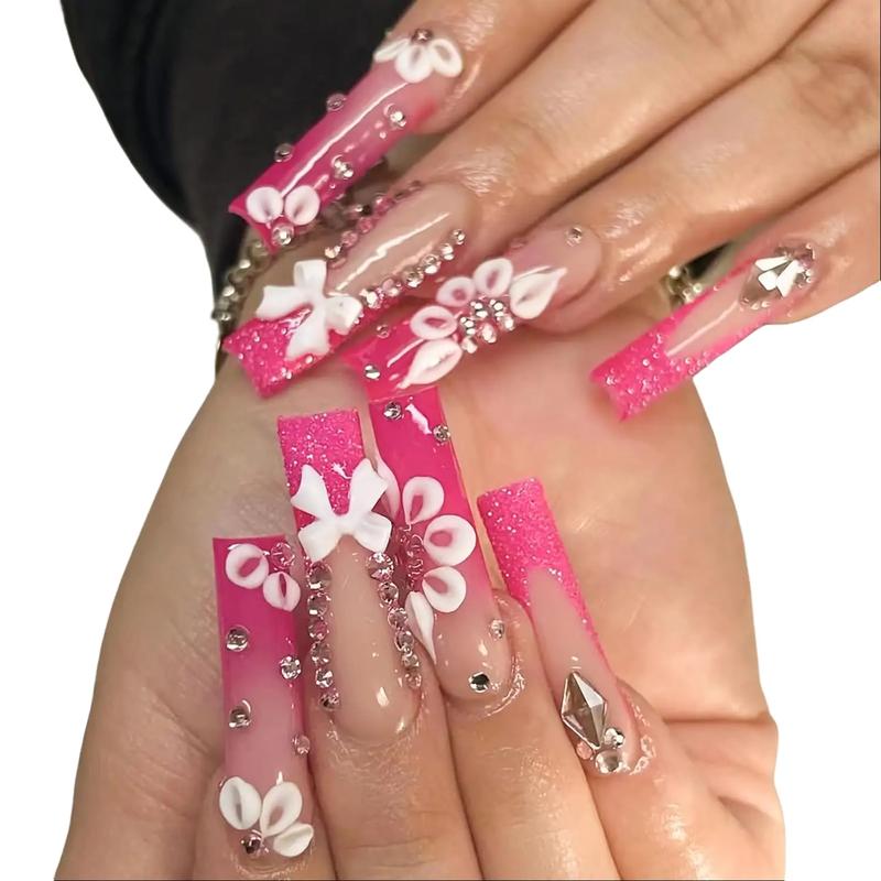 24 pcs Press on Nails - Long Square Glue on Nails with Hot Pink, Acrylic Bling Glitter Rhinestone Design