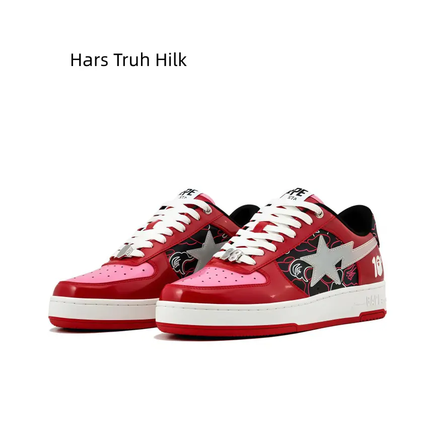 Glossy Red Pink Patent Leather Skate Shoes With White Star Graffiti Pattern, Casual Street Fashion Low Top Sneakers For Men Women Daily Wear