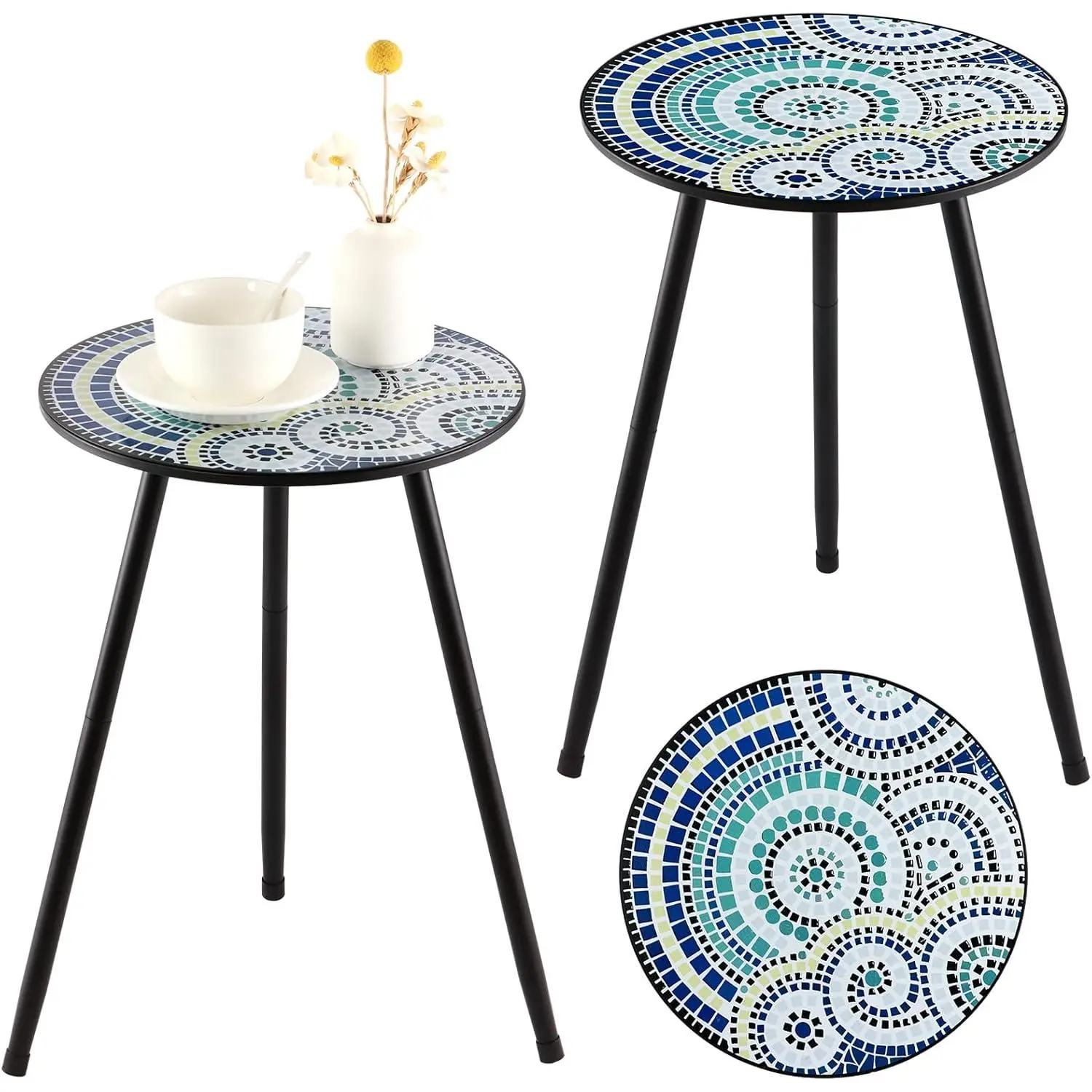 2 Packs Metal Mosaic Round Side Tables 13.4" Small Outdoor Patio Round Accent Coffee Tables Indoor Corner Stand for Small Spaces Weather-Resistant for Balcony, Porch  Stands Indoor