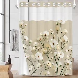 1pc hookless shower curtain with snap fastener, fresh white bouquet 2D Flat Printing, waterproof inner lining double-layer shower curtain with transparent window, 71 x 74 inches, Waterproof bathroom curtain, home decoration, Shower Curtain Liner