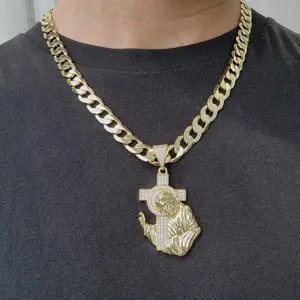 ViOrO 14K Gold Plated 10mm Cuban Link Chain with Zircon Jesus Christ Pendant for Dairy Use. Electro Laminated Premium Jewelry