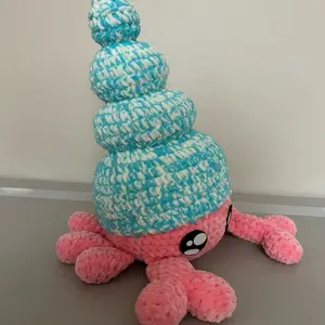 Handmade Crochet Hermit Crab Plushie with Blue and White Shell and Pink Body Soft