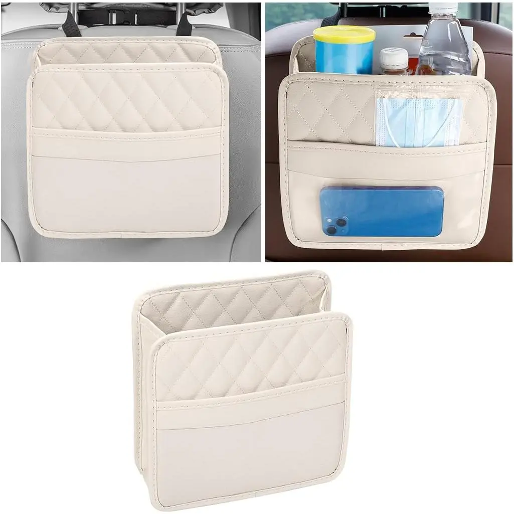 Car Seat Back Storage Bag, PU Leather Material Car Rear Seat Hanging Storage Bag, Multifunctional Car Travel Essential Accessory, Suitable for Children and Adults, Compatible with Most Cars (Beige)