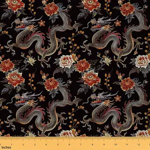 Dragon Fabric by The Yard,1 Yard,Oriental Chinese Style Dragon Upholstery Fabric for Chairs,Embroidery Design Floral Jungle Animal Waterproof Fabric