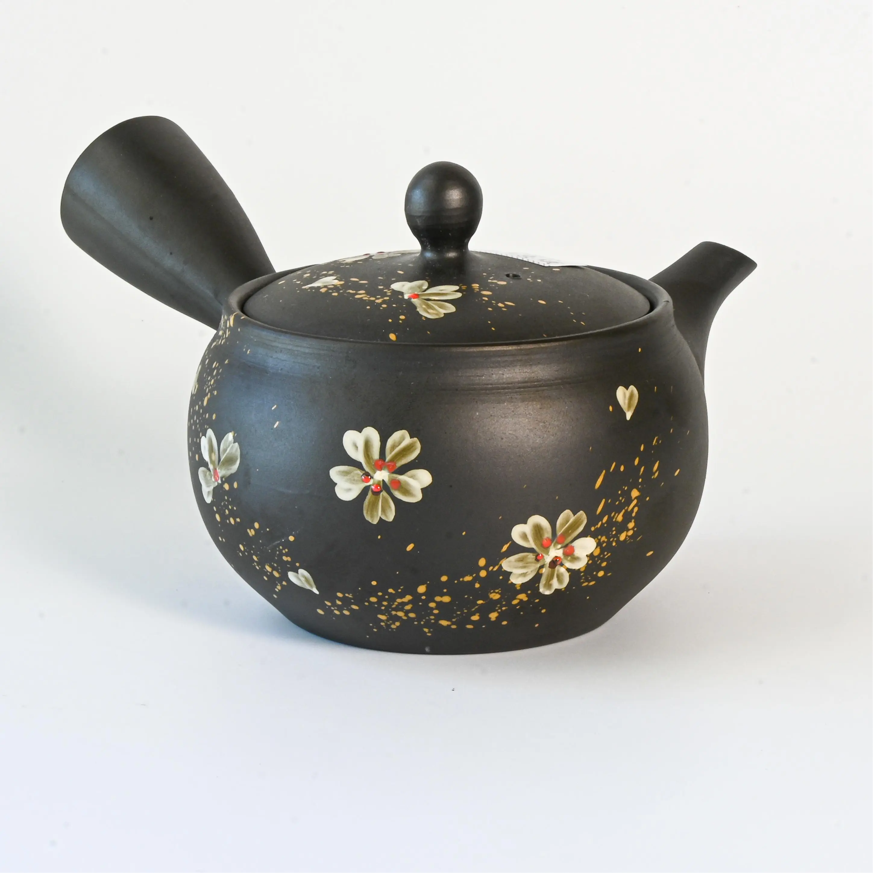 Handmade Dark Brown Floral Kyusu Teapot: Japanese Loose Leaf Tea Strainer (13 fl oz/380ml)