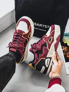 Men's Sporty Lace-Up Thick Sole Sneakers, Breathable Comfortable PU Leather Shoes, All-Season Outdoor Skateboarding Footwear