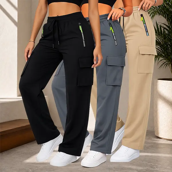 Women's 3-Piece Woven Activewear Cargo Pants Set - Lightweight, Quick-Drying, Breathable Plain Casual Hiking/Light Outdoor Long Bottoms with Elastic Waistband, Multiple Pockets, Adjustable Hem, Ideal for Summer Travel, Outings