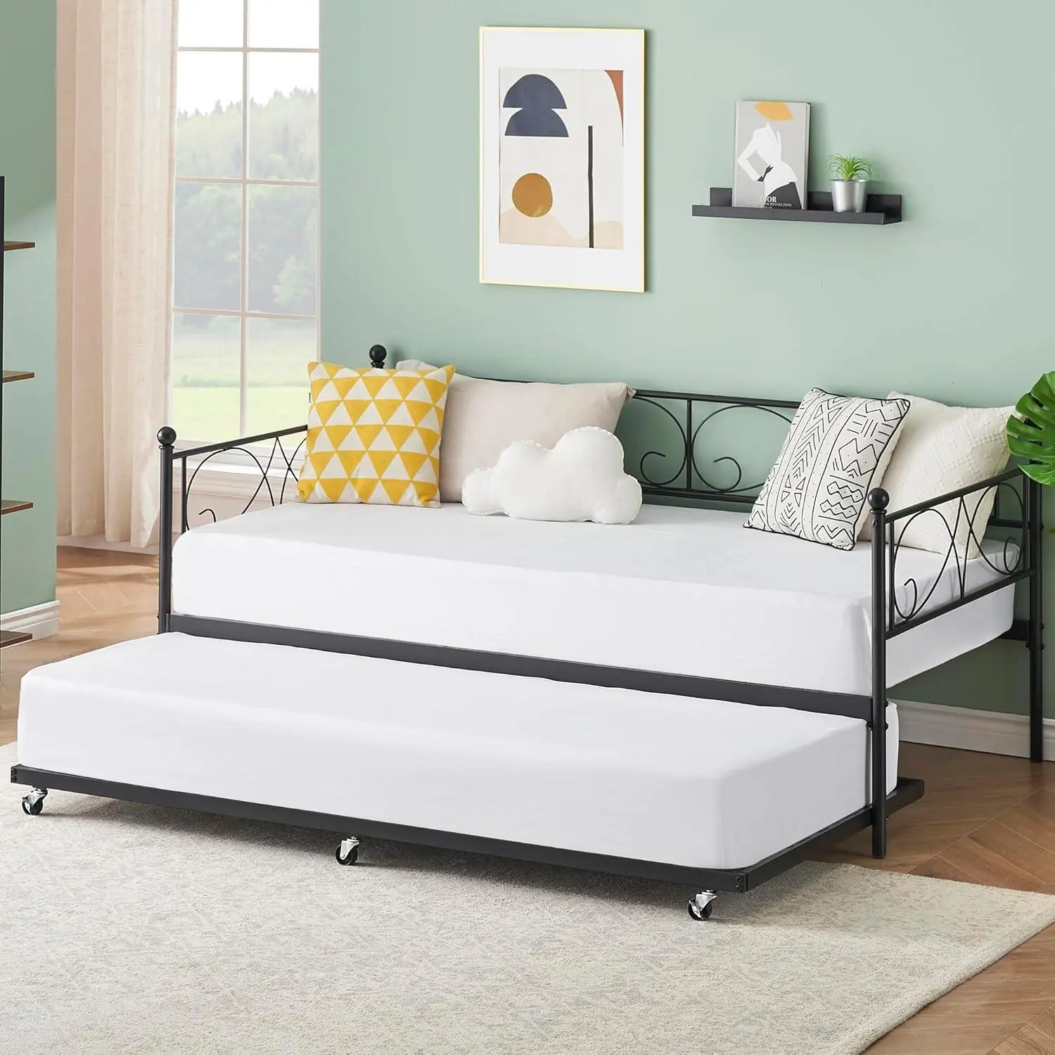 Metal Sofa Bed with Heavy Castor Metal Slats,Platform Sofa Bed with Headboard and Footboard,Suitable for Bedroom, Living Room,Noise Free,Black