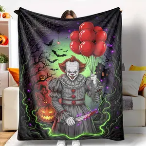 Halloween Clown Horror Flannel Blanket Creepy Red Balloon and Pumpkin Print Soft Plush Warm Cozy Throw Blanket for Bedroom Living Room Sofa Party Decoration Gift