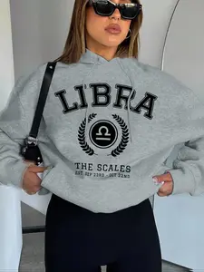 Libra Letter Print Knit Hooded Fleece Sweatshirt, Geometric Combination Casual Holiday Style, Fall & Winter New Loose-Fit Hoodie