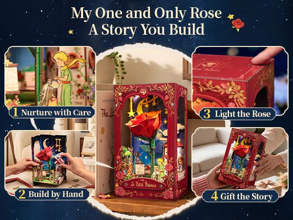 CUTEBEE x The Little Prince Unisex DIY Book Nook Kit - My One and Only Rose, Miniature Bookshelf Insert, Home/House Decor, Whimsical Room Decor Gift for Adults, Whimsical Home Decor