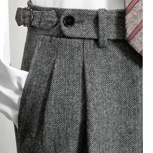 Men's Autumn Winter Fashion High Waist Wool Trousers Male Tweed Casual Pockets Pants Men Long Straight Suit Pants