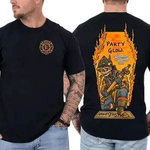 Party Glow Firefighter T-Shirt, Skull Fireman Flame Graphic Shirt, Firefighter Graphic Tee for Fire Crew & First Responders, Gift for Firefighters or Fire Rescue Workers