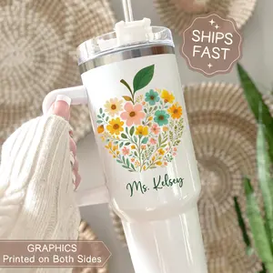Apple Teacher Tumbler 40oz Personalized Floral Apple Tumbler with Handle Teacher Appreciation Gift Thank You Teacher Travel Mug Teacher Cup