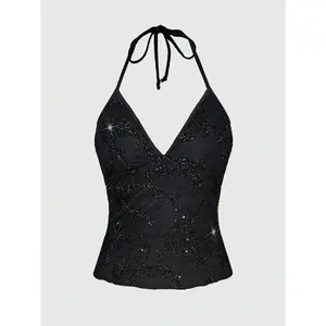 Summer Fashion Mesh Sequin Embroidered Floral Vine Halter Top Elegant Fit