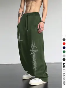 Men's Casual Loose-Fit Jogger Pants, Cross Pattern Print Drawstring Wide Leg Sweatpants, All-Season Comfortable Men's Clothing