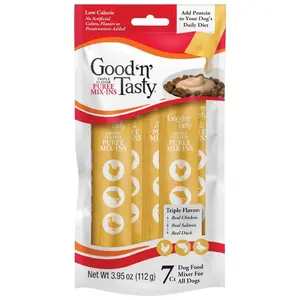 Good 'n' Tasty Triple Flavor Puree Mix-Ins Dog Food Topper Treats for All Dogs 7 Count Easy Single-Serve Portions with Chicken Salmon & Duck