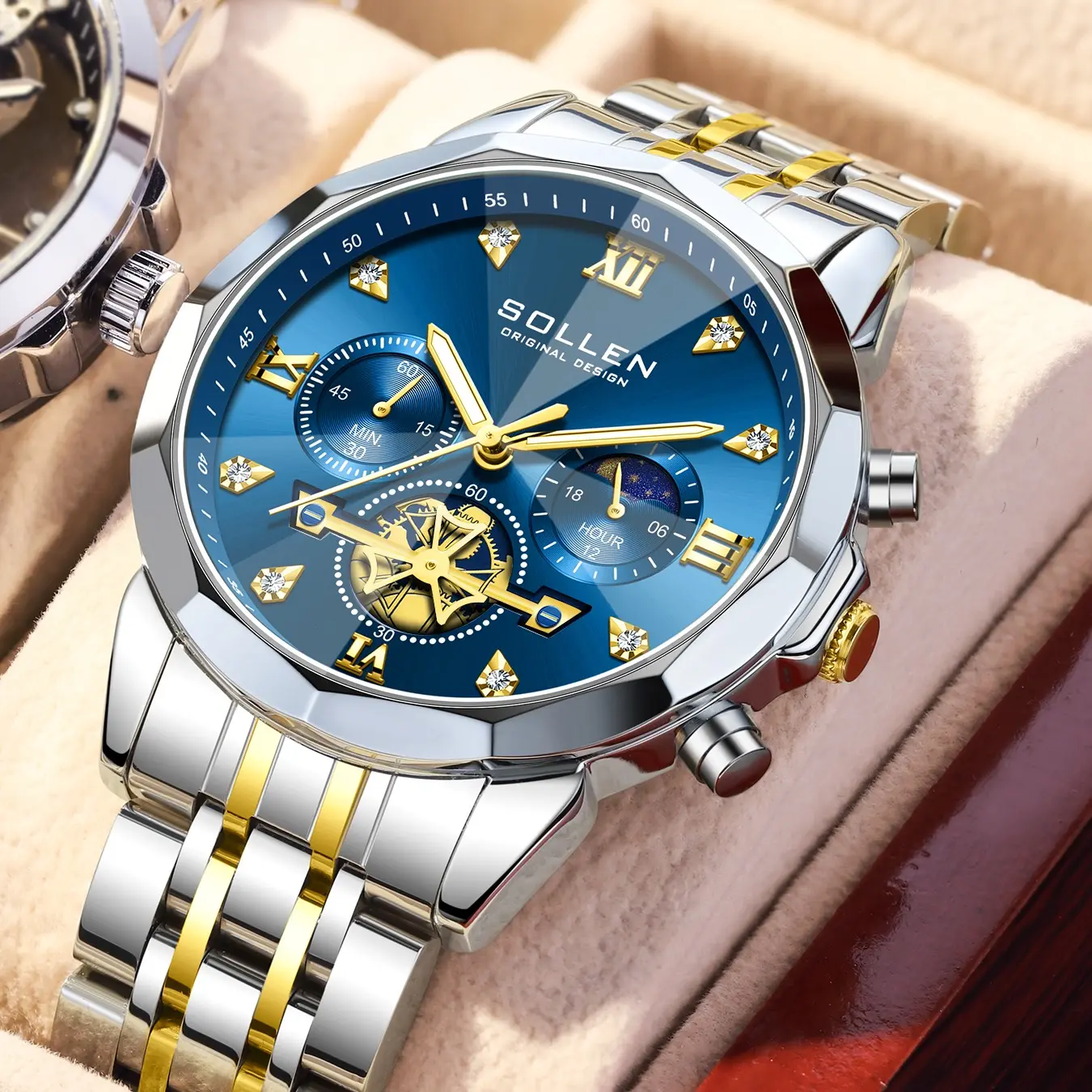 SOLLEN 723 Men's Moon Phase Chronograph Watch – Large Dial, Multifunction Quartz, Luminous Waterproof Design, Stainless Steel Strap | Perfect Gift for Boyfriend, Husband, or Dad – Ideal for Birthday, Valentine’s, Father’s Day, or Wedding