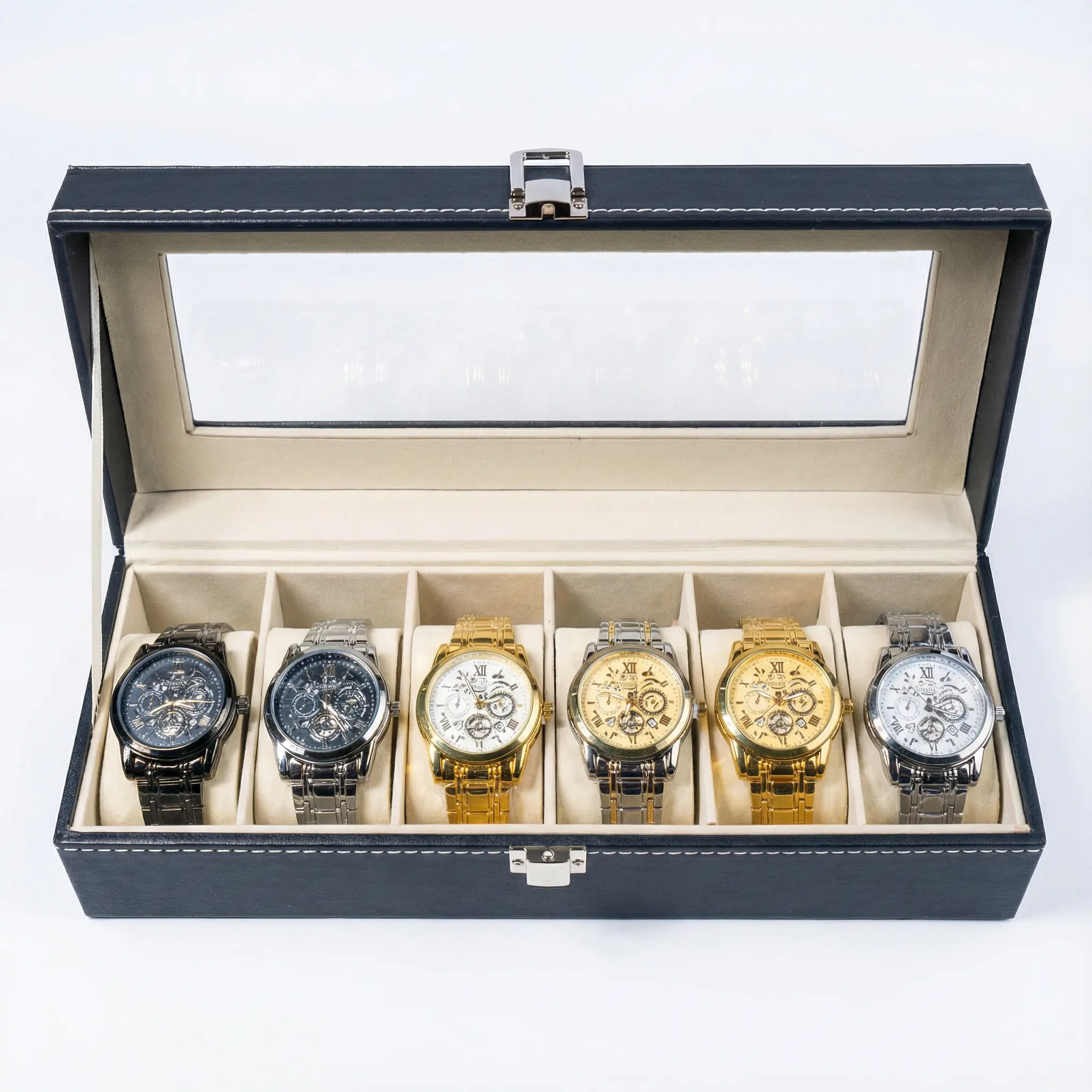 Men's Chic 6-Piece Quartz Watch Set - Fashionable Durable Wristwatches with Leather & Steel Bands, Daily Wear Boxed Gift Set, Boxed Watches, Fashionable Wristwatch, Stylish Looks, Black Friday Gift, Analog Watch Set, Mens Gifts