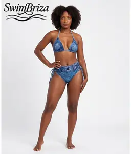 Briza｜Denim Print Halter Triangle Bikini Top High Waisted Bottom Two Piece Swimsuit for Women Retro Style Padded Swimwear Summer Bathing Suit Set, Women's Swimwear, Bathing Suit for Women, Bikini Set, Two Piece Bathing Suit, Halter Neck