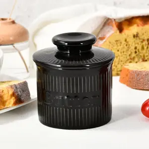 Butter Keeper Crock, Porcelain French Butter Crock for Spreadable Butter, Ribbed Butter Holder with Water Line, Housewarming Gifts, Black Halloween Decor for Home and Kitchen Countertop