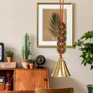 Metal Feng Shui Wind Chime with Antique Chinese Bell Sound and 5 Coins, Symbolizes Wealth and Health, Decorative Hanging Pendant, Home Decor Ornaments