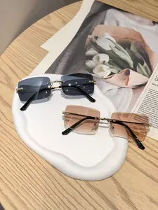 Unisex Metal Frameless Sunglasses, Large Square Frames for Round Faces, Colored Lenses UV Protection, Perfect Gift for Holidays