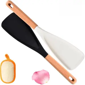 Multifunction Cooking Spoon Cedar & Ash Handle Silicone Heat Resistant 3-in-1 Spatula Spoon for Nonstick Cookware AB-2Pcs Dishwasher Safe Easy Cleaning